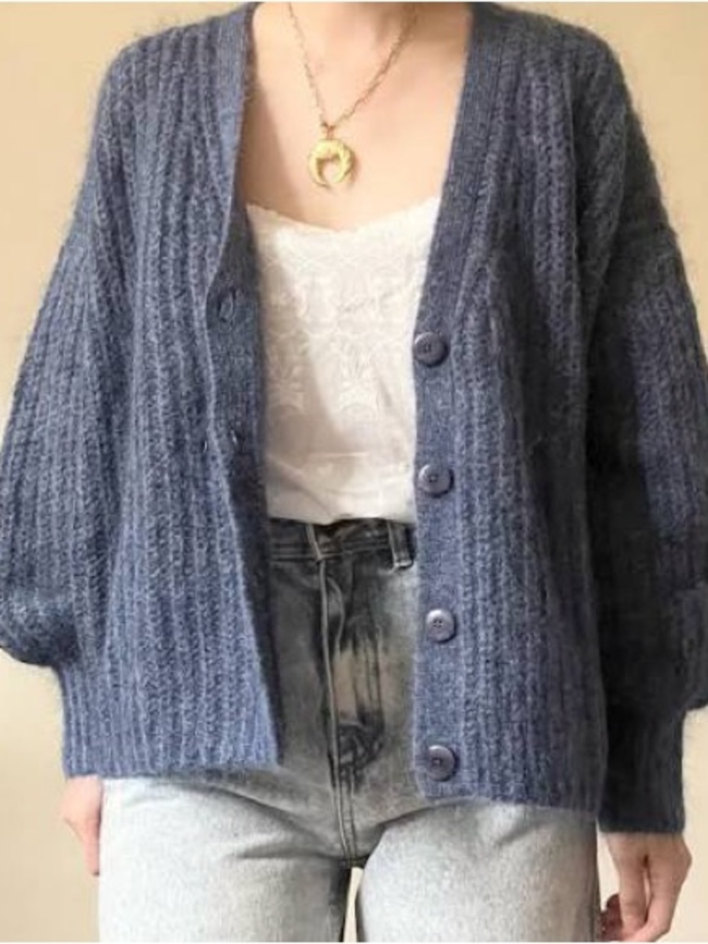 Sezane Achille Chunky V-Neck Blue Cardigan Sweater